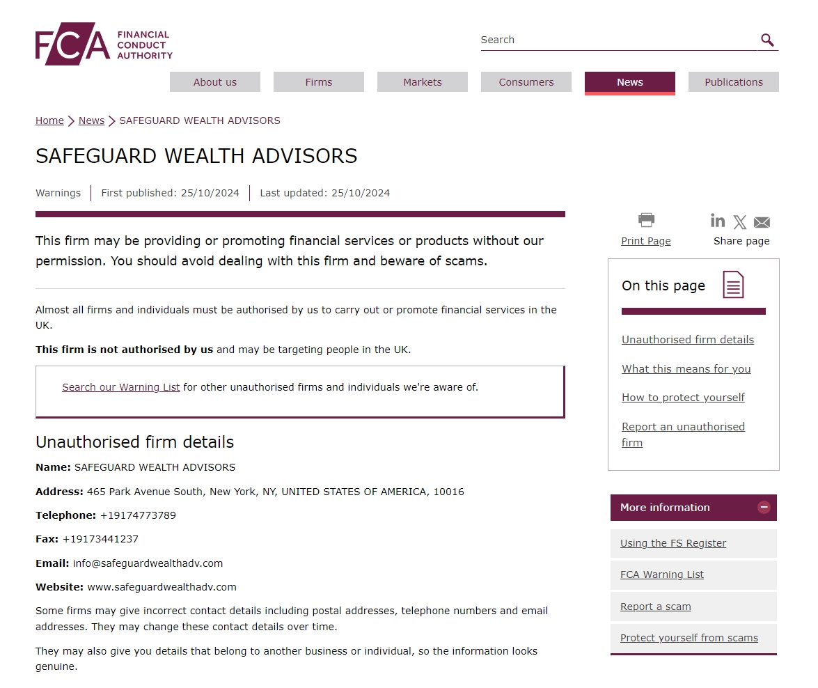 FCA issued warning against 
Safeguardwealthadv
