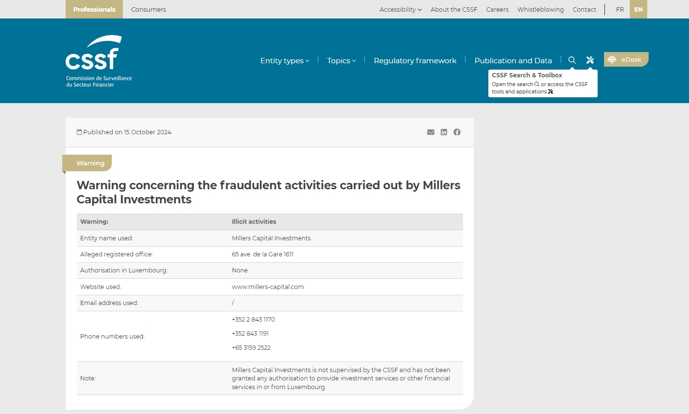 CSSF issued warning against 
Millers-capital.com
