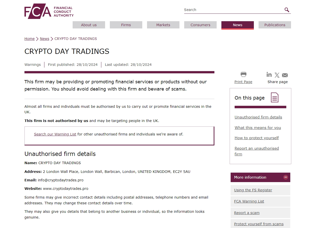 FCA issued warning against Cryptodaytrades.pro