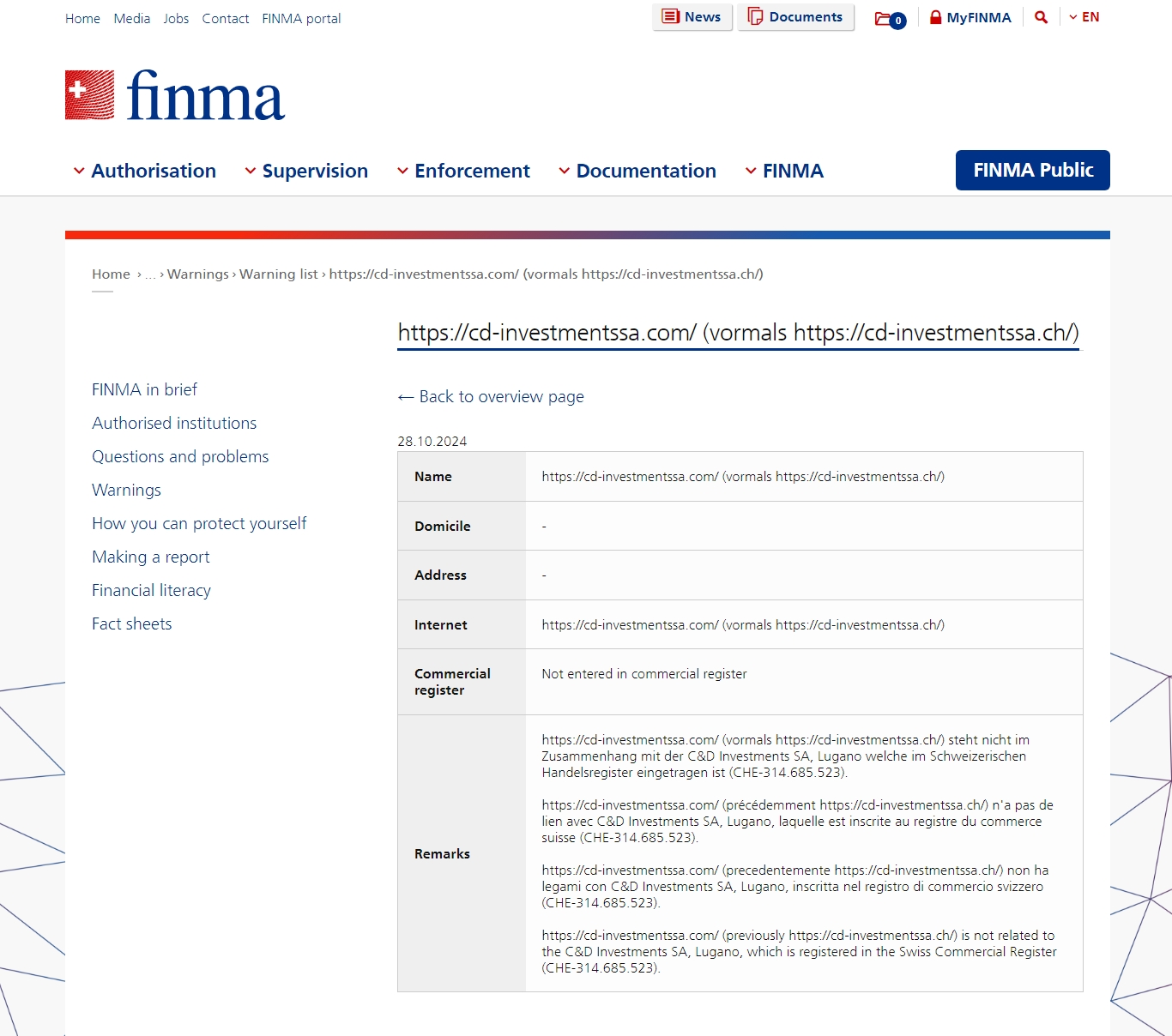 FINMA issued warning against Cd-investmentssa.com