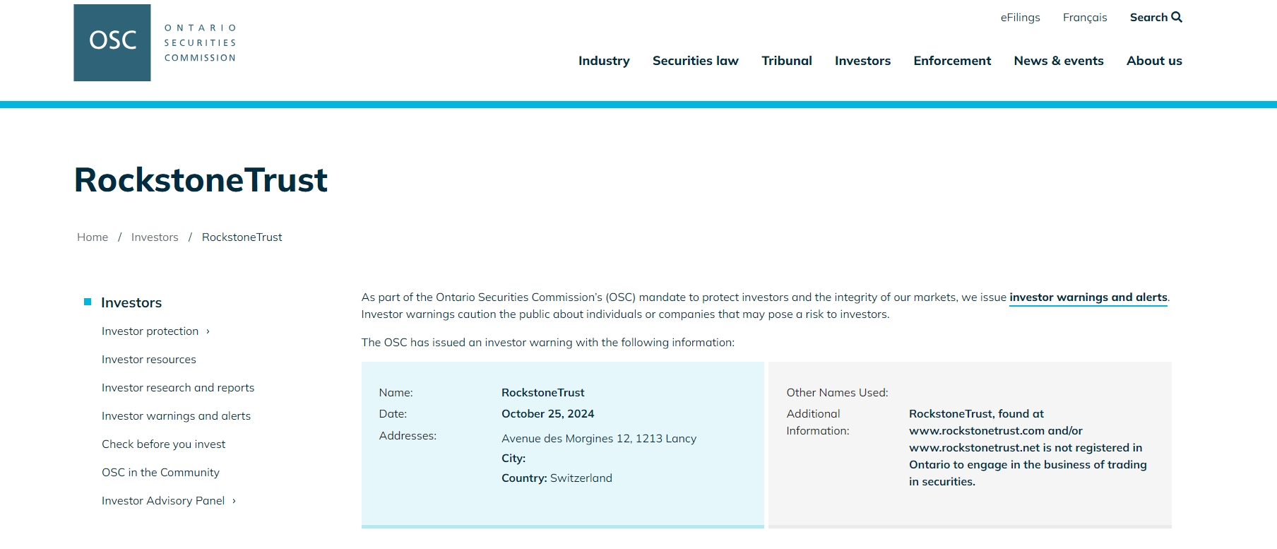 OSC issued warning against RockstoneTrust