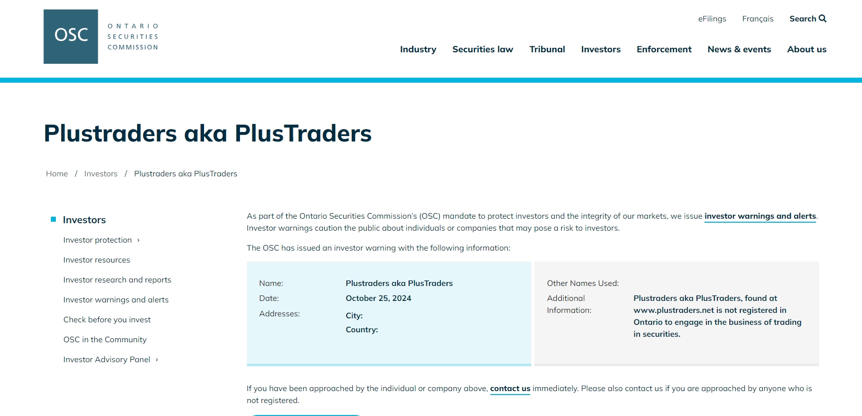 OSC issued warning against Plustraders.net