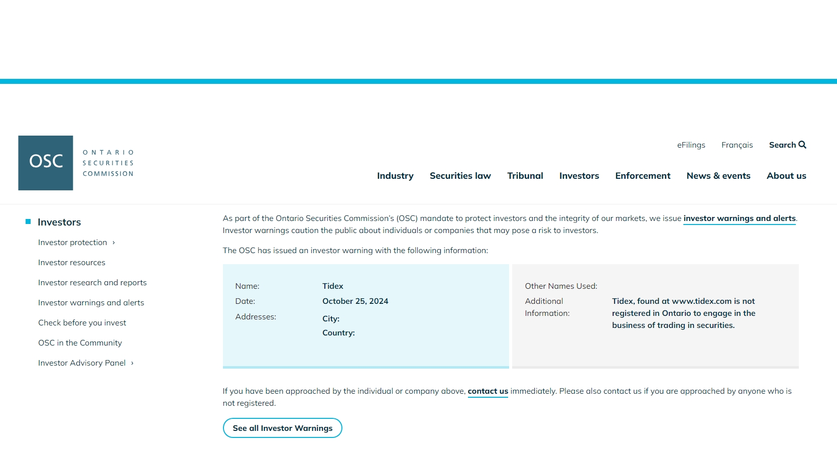 OSC issued warning against Tidex