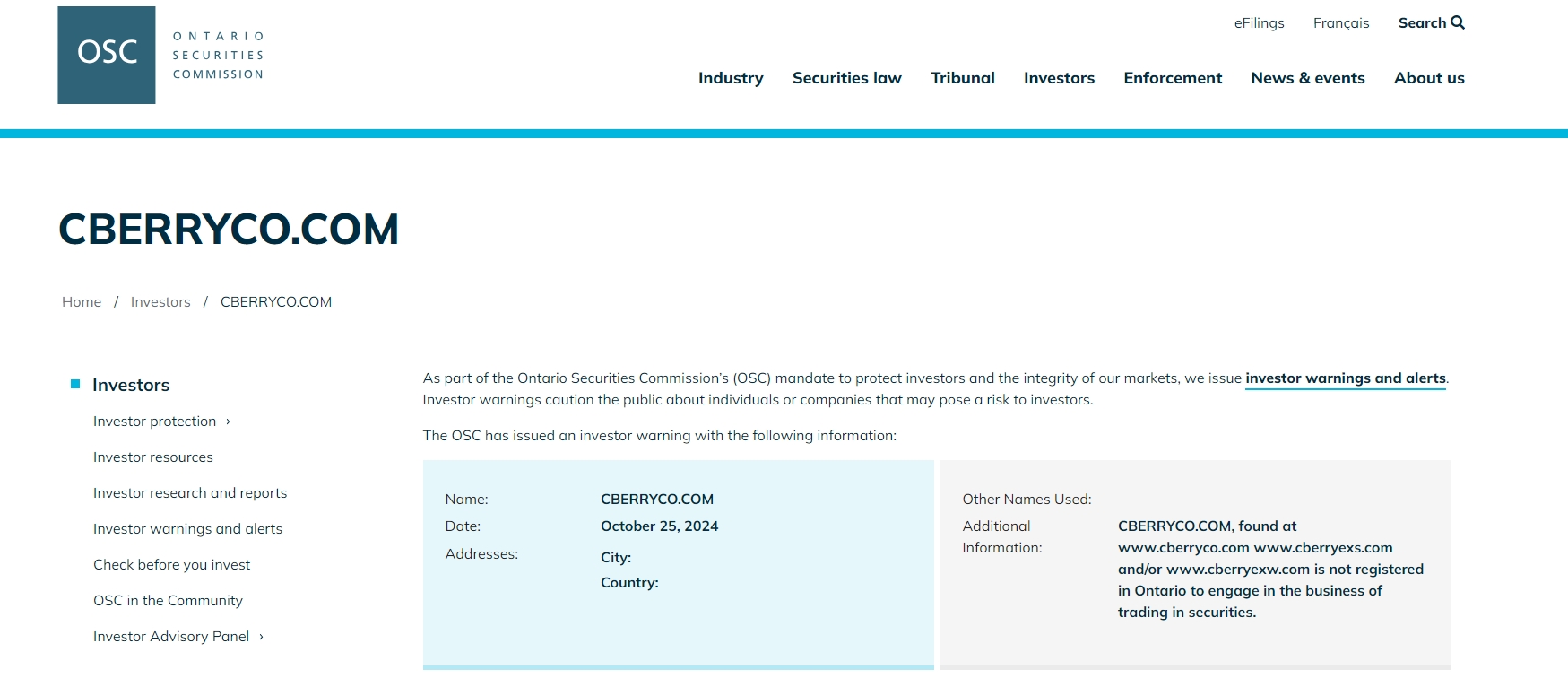 OSC issued warning against Cberryco.com