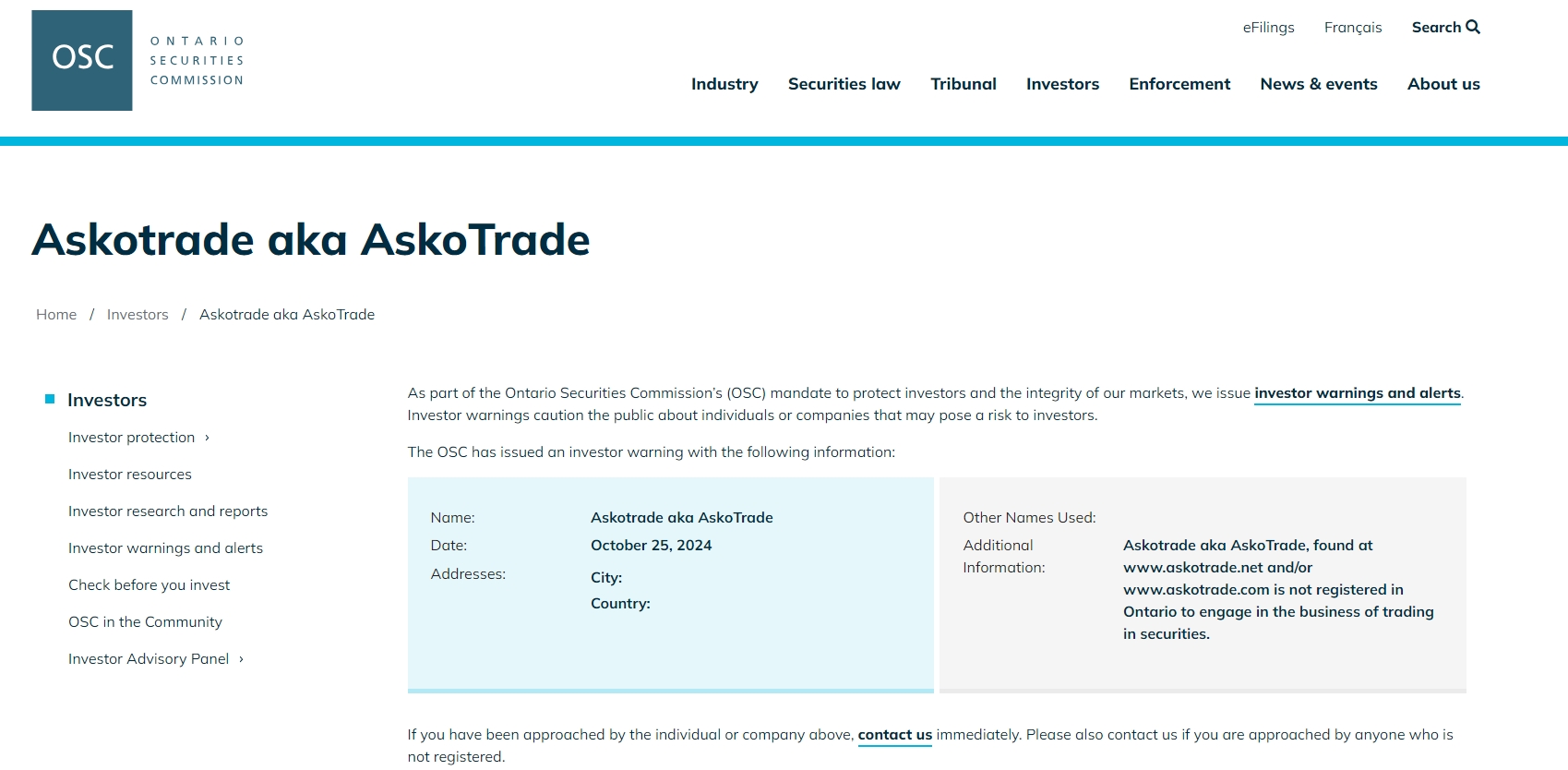 OSC issued warning against Askotrade 